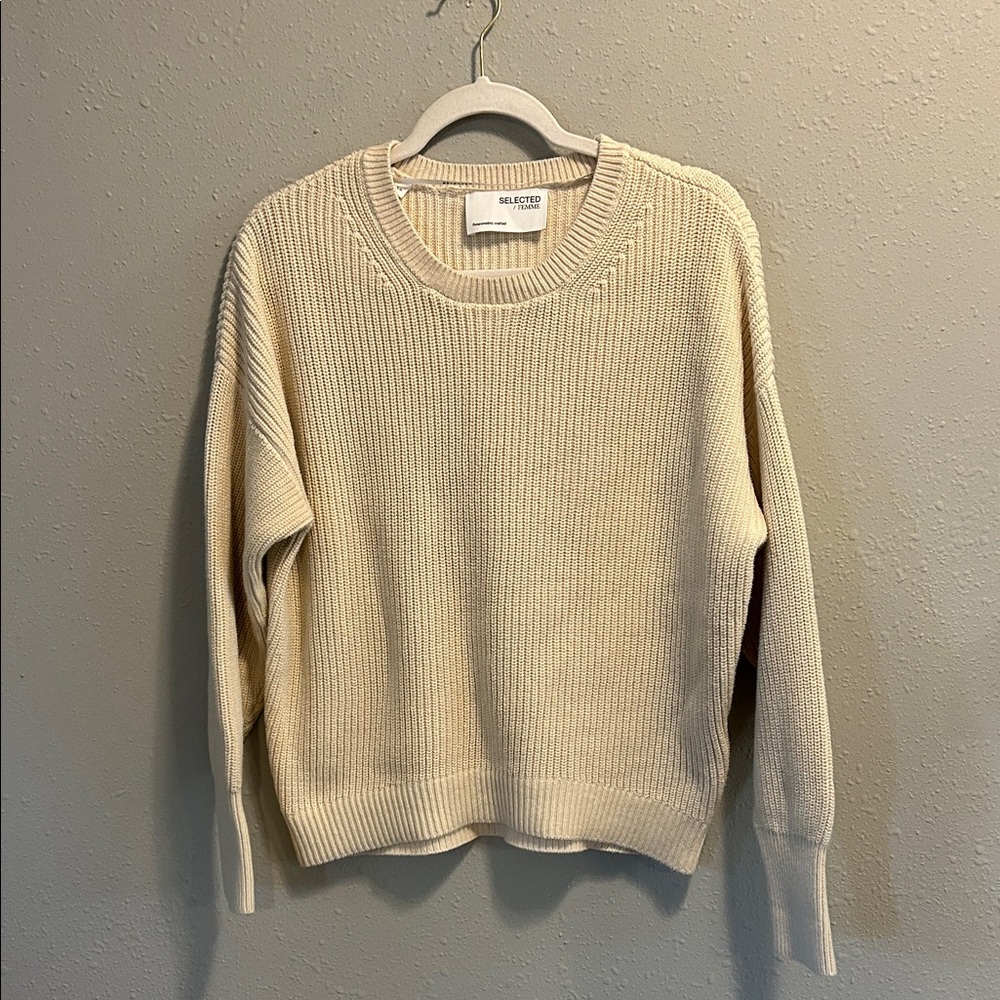 Selected Femme Cream Ribbed Chunky Knit Cotton Fisherman Crew Neck Sweater
